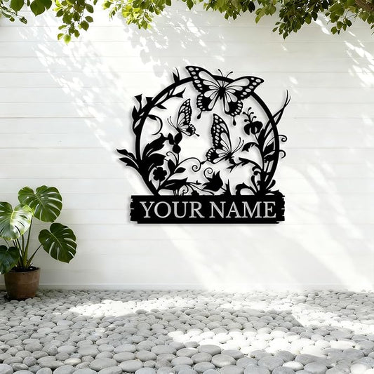 Custom Butterfly Metal Sign,Personalized Butterfly House Number Signs,Personalized Gardener Name Sign,Garden Patio Wall Decor (Style-4)