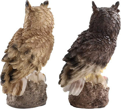 DEAYOU 2 Pack Fake Horned Owl Statues, 7" Tall Small Resin Owl Sculpture, Artificial Owl Figurines for Garden, Vivid Faux Outdoor Owls for Ornament, Yard, Indoor Decor, Home (White, Black)