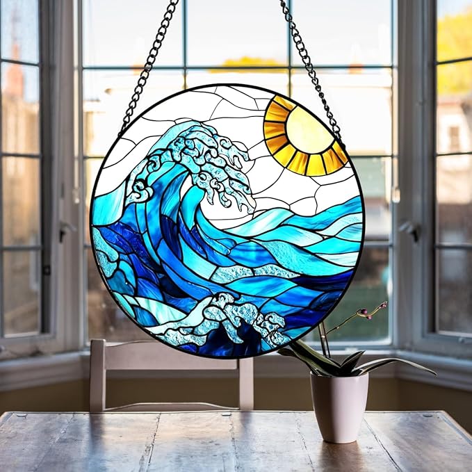 Sea Waves Sun Catchers Indoor Window - Ocean Suncatcher Stained Glass Window Hanging - 8″ Handmade Suncatchers for Windows Hanging - Home & Garden Decor Birthday Gifts for Women Men Mom Beach Lovers