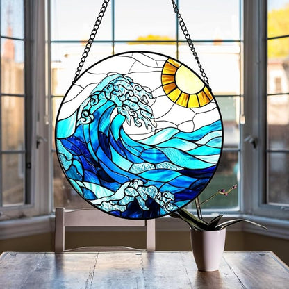 Sea Waves Sun Catchers Indoor Window - Ocean Suncatcher Stained Glass Window Hanging - 8″ Handmade Suncatchers for Windows Hanging - Home & Garden Decor Birthday Gifts for Women Men Mom Beach Lovers