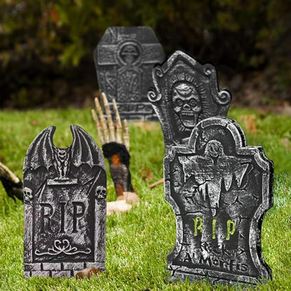 LUKBERA 5Pcs 17" Halloween Foam Tombstones, RIP Graveyard Tombstones with Bonus Metal Stakes Decorations for Halloween Lawn Yard Outdoor, Haunted House Decor