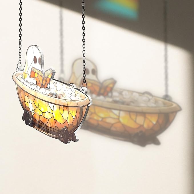 2 Boo Bathtub Acrylic Suncatchers, Gothic Cute Ghost Reading Book Window Hanging 6" Ornaments, Halloween Horror Home Decor Witch Handmade Wall Art, Gift for Women Mom Friends Family