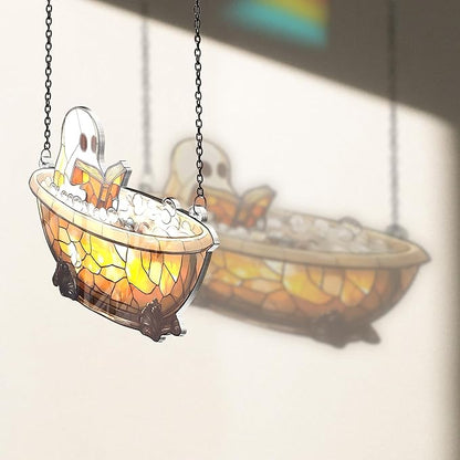 2 Boo Bathtub Acrylic Suncatchers, Gothic Cute Ghost Reading Book Window Hanging 6" Ornaments, Halloween Horror Home Decor Witch Handmade Wall Art, Gift for Women Mom Friends Family