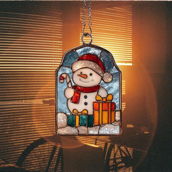Cute Snowman Giving Presents Acrylic Suncatcher Stained Glass Effect Window Car Hanging Christmas Ornament Indoor Outdoor Decor Garden Sun Catcher Panel for Women Mom Grandma