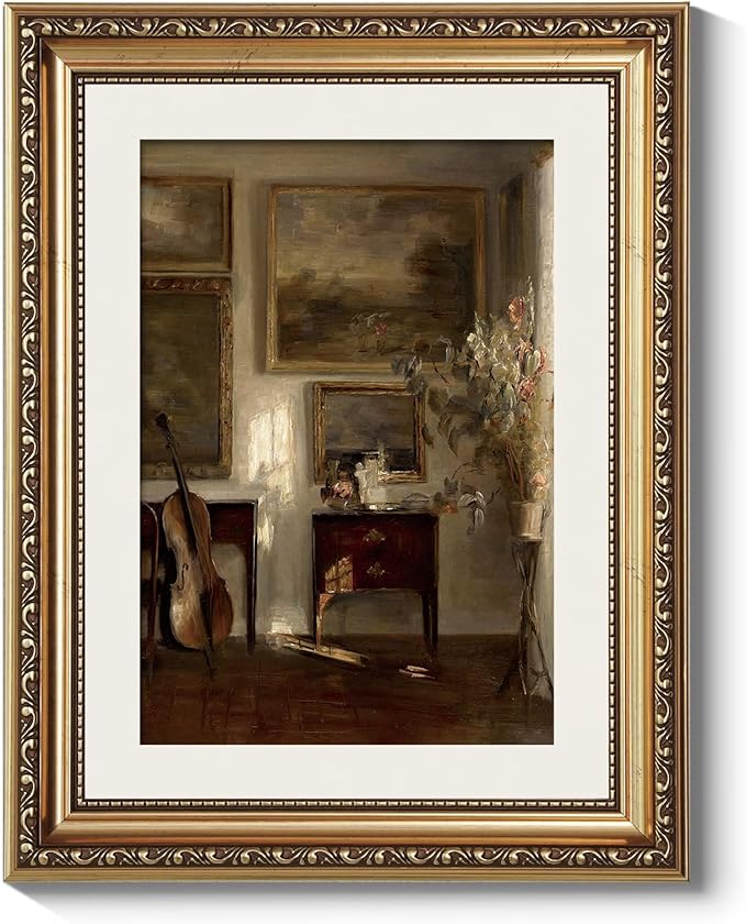 ARPEOTCY Vintage Gold Framed Wall Art, Still Life Interior Cello Paintings, Aesthetic Canvas Prints Artwork with Frame, Classical Victorian Wall Decor for Living Room Bathroom Bedroom 11x14 inch