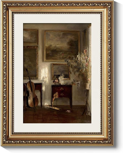ARPEOTCY Vintage Gold Framed Wall Art, Still Life Interior Cello Paintings, Aesthetic Canvas Prints Artwork with Frame, Classical Victorian Wall Decor for Living Room Bathroom Bedroom 11x14 inch