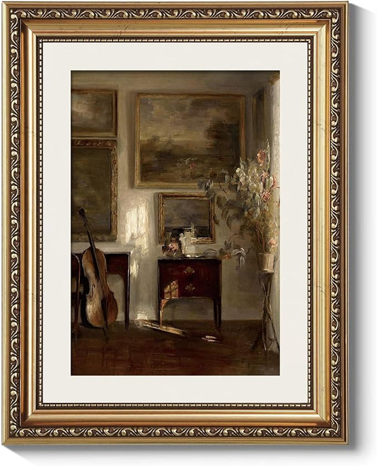 ARPEOTCY Vintage Gold Framed Wall Art, Still Life Interior Cello Paintings, Aesthetic Canvas Prints Artwork with Frame, Classical Victorian Wall Decor for Living Room Bathroom Bedroom 11x14 inch