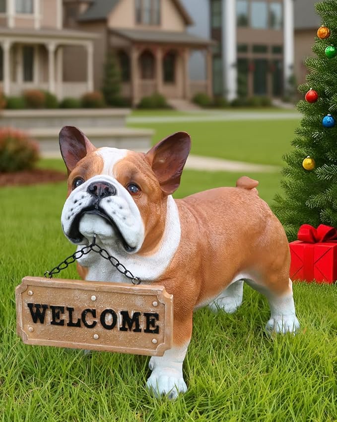 French Bulldog Garden Statue with Solar Lantern & Double-Sided Sign - Realistic Frenchie Outdoor Decor for Patio, Yard, Porch - Waterproof Resin Dog Sculpture - Gift for Frenchie Lovers, Mom, Dad