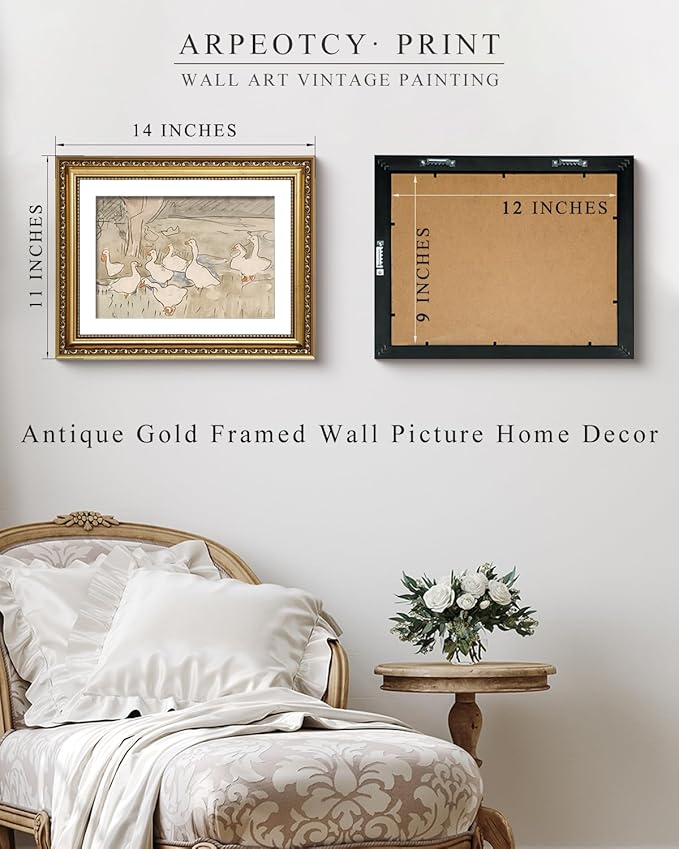 ARPEOTCY Vintage Gold Framed Wall Art, Nursery Duck Paintings, Aesthetic Canvas Picture Prints Artwork with Frame, Classical Victorian Wall Decor for Living Room Bathroom Bedroom 11x14 inch