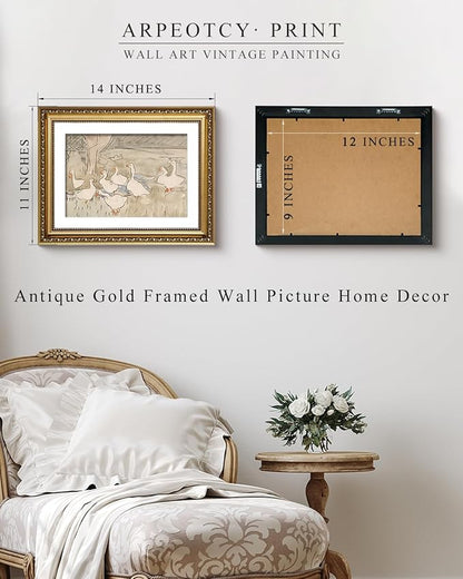 ARPEOTCY Vintage Gold Framed Wall Art, Nursery Duck Paintings, Aesthetic Canvas Picture Prints Artwork with Frame, Classical Victorian Wall Decor for Living Room Bathroom Bedroom 11x14 inch