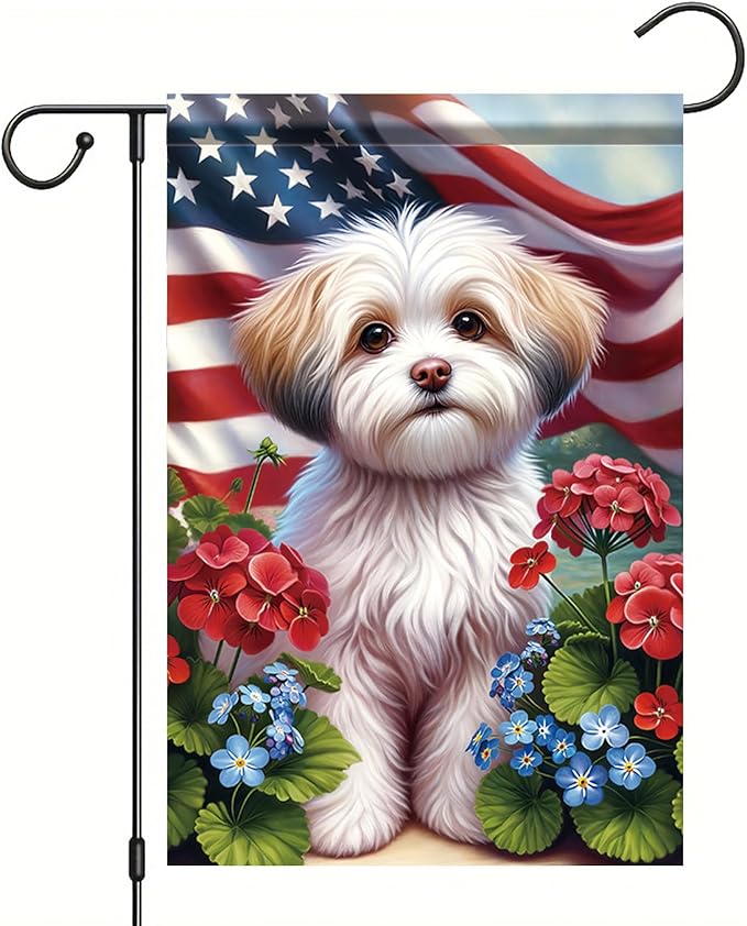 Starlit Patio 4th of July Garden Flag 12x18 Double Sided Maltese Dog Welcome American USA Patriotic Garden Flags for Memorial Day Independence Day Outdoor Decor Outside Decoration Yard Flag