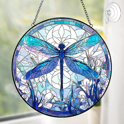 Dragonfly Decor Suncatcher Stained Glass Window Hanging - Handmade Dragonflies Suncatchers for Windows Hanging - Home Garden Sun Catchers Ornament Panel - Mothers Day Birthday Gift for Mom Grandma