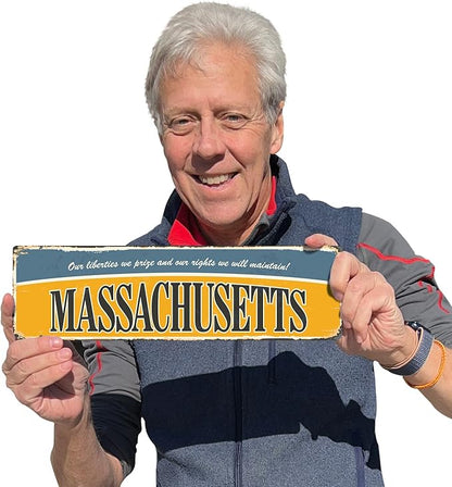 SmartSign 4 x 14 inch Massachusetts State Vintage Metal Sign “Liberties We Prize”, 40 mil Rustproof Aluminum with Clear Overcoat, Retro Wall Décor, Multicolor, Made in USA