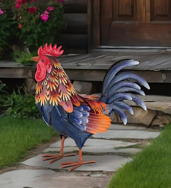 Regal Art & Gift Handcrafted Metal Rooster Statue, Weather-Resistant Farmhouse Yard Art, Indoor/Outdoor Garden Sculpture, Detailed Feather Design, Decorative Bird for Home & Garden, Arroyo, 16" Height