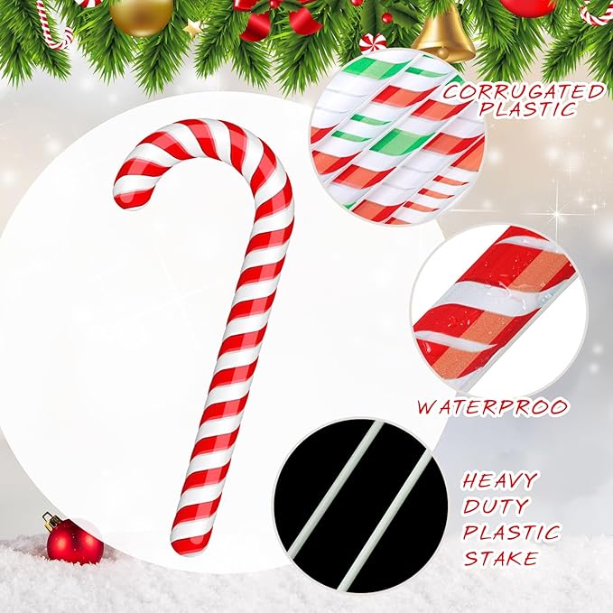 Glenmal 12 Pcs Christmas Candy Cane Yard Decor Outdoor Lawn Garden Yard Sign Red Green White Candy Cane Decoration Christmas Decoration with Stakes for Xmas Holiday Decor
