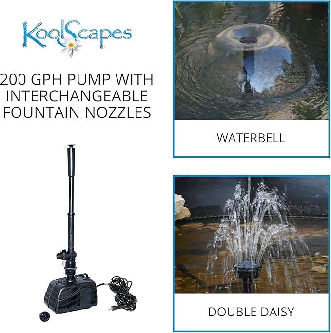 Koolscapes 84 Gallon Starter Pond Kit with 200 GPH Pump, Water Bell and Double Daisy Fountain Nozzles, 6 x 6 Ft Flexible Liner, Fish-Friendly Backyard Koi Pond Kit, Interchangeable Fountainheads