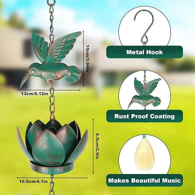 BigKing 7.87FT Lotus and Hummingbird Rain Chains for Gutters - Metal Rain Chains with 6 Cups, Rain Catcher Chain for Outside, Replacement Downspout for Gutters, Eaves, Drainage