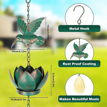 BigKing 7.87FT Lotus and Hummingbird Rain Chains for Gutters - Metal Rain Chains with 6 Cups, Rain Catcher Chain for Outside, Replacement Downspout for Gutters, Eaves, Drainage