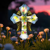 Solar Cross Garden Stakes for Graves,Lily Cemetery Decorations Yard Patio Decor,Golden Angel Wings Cross Lights Outdoor,Remembrance Gifts