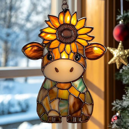 Mosaic Cow and Sunflowers Lover Acrylic Suncatcher Stained Glass Effect Window Car Hanging Christmas Ornament Indoor Outdoor Decor Garden Sun Catcher Panel for Cow Lover for Women Mom Grandma