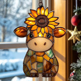 Mosaic Cow and Sunflowers Lover Acrylic Suncatcher Stained Glass Effect Window Car Hanging Christmas Ornament Indoor Outdoor Decor Garden Sun Catcher Panel for Cow Lover for Women Mom Grandma