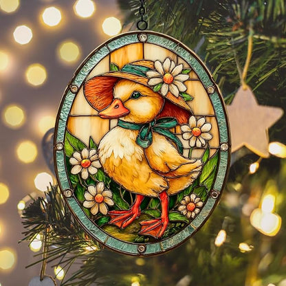Warm Easter Duck Floral Mosaic Art Acrylic Suncatcher Stained Glass Effect Window Car Hanging Christmas Ornament Indoor Outdoor Decor Garden Sun Catcher Panel for Easter Lover for Women Mom Grandma