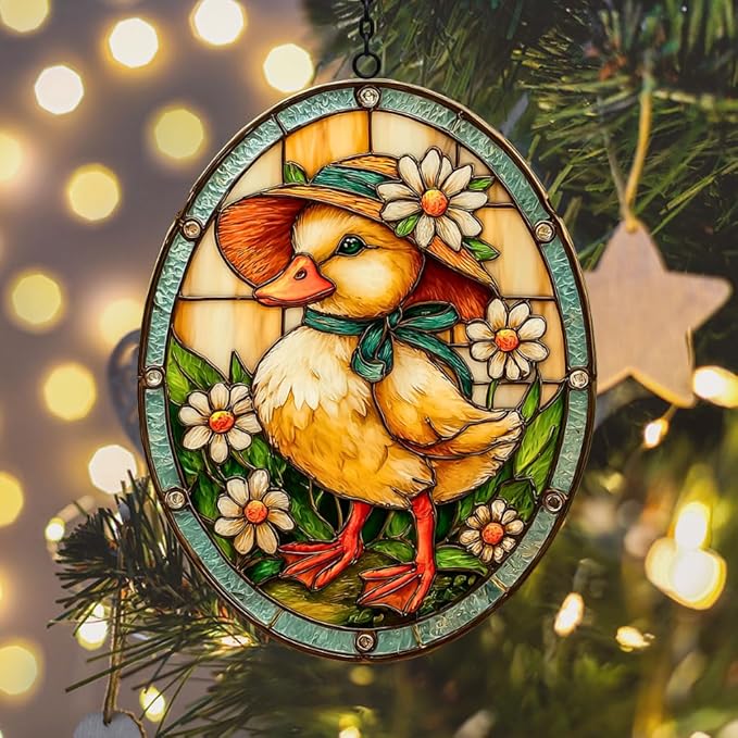 Warm Easter Duck Floral Mosaic Art Acrylic Suncatcher Stained Glass Effect Window Car Hanging Christmas Ornament Indoor Outdoor Decor Garden Sun Catcher Panel for Easter Lover for Women Mom Grandma