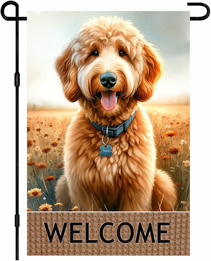 BlissYard Dog Welcome Garden Flag 12x18 Inch – Double-Sided Outdoor Yard Flag, Spring Summer Garden Decor for Lawn Porch Patio Backyard, Goldendoodle Dog Lovers Gift