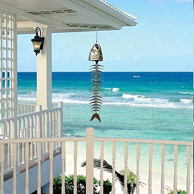 Fish Windchime Retro Fishbone Wind Chime Ornaments Vintage Metal Wind Bell Outdoor Soothing Melody for Garden Home Yard Porch Hanging Decor