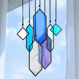 HDCRYSTALGIFTS Stained Glass Window Hanging Suncatchers - 7 Pieces Handcrafted Element Earth Tones Panel Set,Modern Blue Wall Art Sun Catchers Indoor Window Home Garden Decor
