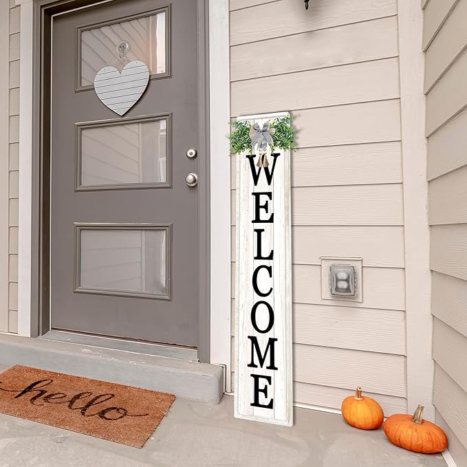 flowtorely Outdoor Welcome Sign for Front Porch Standing 45"×9" Tall Vertical Wood Frame Front Door Long Leaner farmhouse Outside Rustic Large Welcome Signs Vintage Home Decorations (White)
