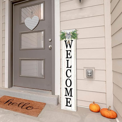 flowtorely Outdoor Welcome Sign for Front Porch Standing 45"×9" Tall Vertical Wood Frame Front Door Long Leaner farmhouse Outside Rustic Large Welcome Signs Vintage Home Decorations (White)