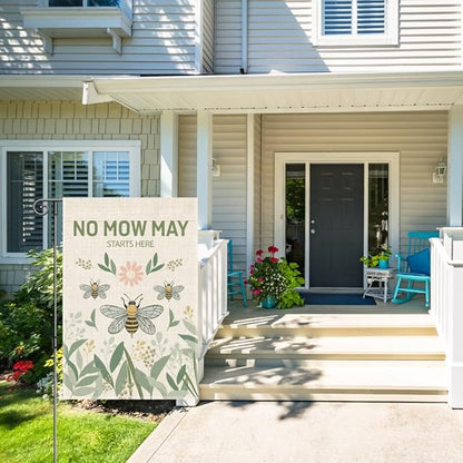 Perfectinsoy No Mow May Starts Here Garden Flag, Pollinator Garden Yard Sign, Community Progress Welcome Yard Home Backyard Porch Patio Lawn Farmhouse Bee Outdoors Decor, No Mow Yard Sign