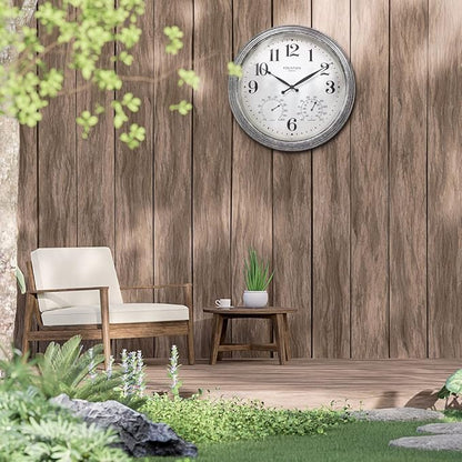 18 Inch Outdoor Clocks for Patio Large Waterproof with Thermometer, Large Wall Clock with Temperature and Humidity Combo,Weatherproof for Pool Decor,Galvanized Finish