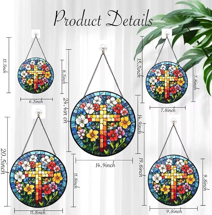 Funoasis Stained Glass Window Hanging 6.3 Inches Suncatcher - A Cross Surrounded by Flowers Ornaments Sun Catcher Home Decor Women Birthday