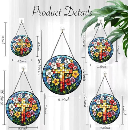 Funoasis Stained Glass Window Hanging 6.3 Inches Suncatcher - A Cross Surrounded by Flowers Ornaments Sun Catcher Home Decor Women Birthday