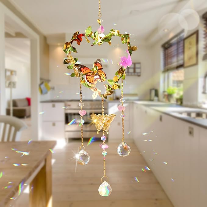Heart Suncatchers Window Hanging, Colorful Crystal Suncatcher with Butterfly, Crystals Light Catcher with Prisms for Indoor Outdoor Home Garden Wedding Decor