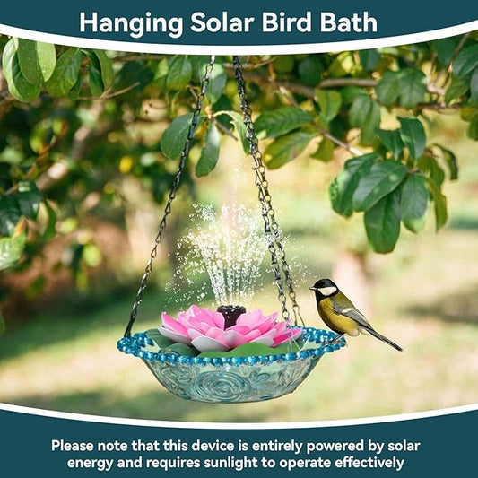 Hanging Bird Bath with Solar Fountain, Multi Functional Lotus Bird Bath Bubbler Birdbath Water Fountain Pump for Hummingbird Feeder Drinking