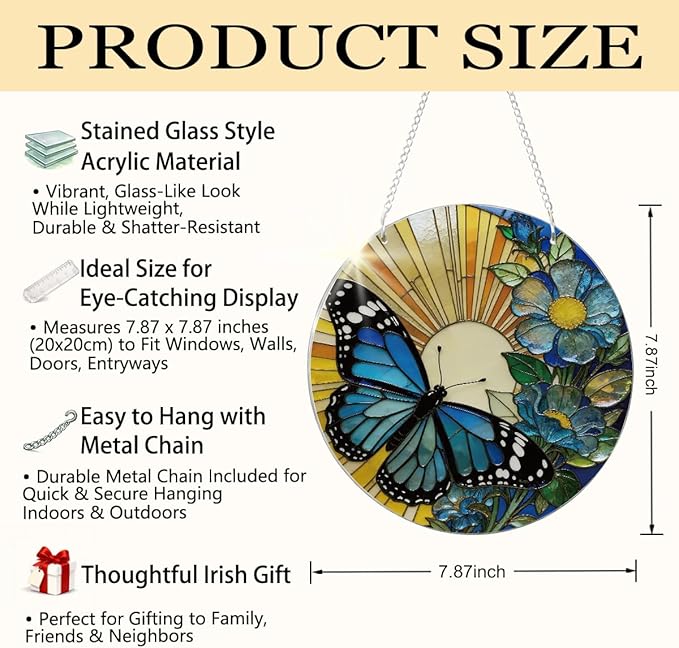 Butterfly Flower Suncatcher, Blue Flower Window Wall Art, Acrylic Sun Catcher for Window Door Hanging, Home Garden Decors, Mother's Day Christmas Festival Gift for Women Mom Grandma