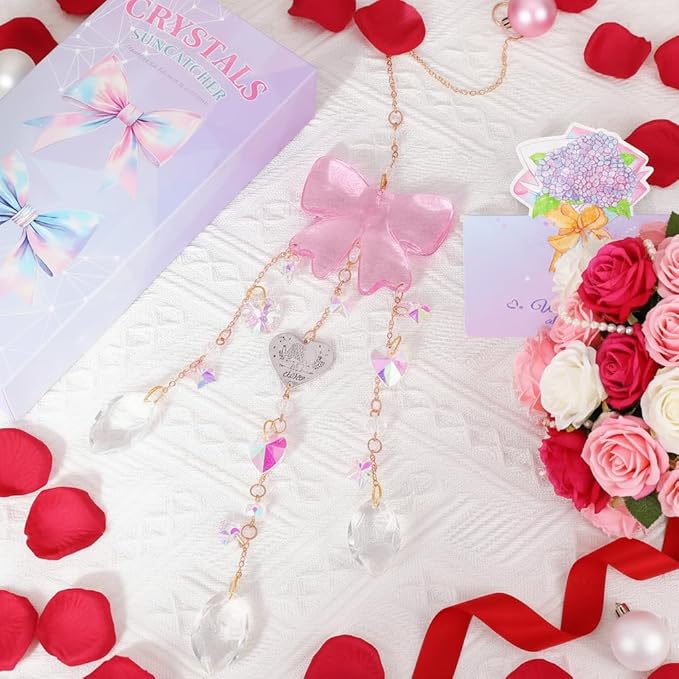 Crystal Sun Catchers Indoor Window,Pink Bow Decor Sun Catcher for Sister Gifts with 3 Chains,Prism Rainbow Crystal Suncatcher for Hangings College Dorm Rooms Home Decoration