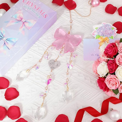 Crystal Sun Catchers Indoor Window,Pink Bow Decor Sun Catcher for Sister Gifts with 3 Chains,Prism Rainbow Crystal Suncatcher for Hangings College Dorm Rooms Home Decoration