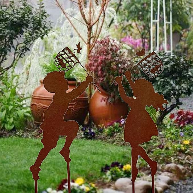 Iron Children Chasing Butterfly Statues Rustic Kids Silhouette Garden Yard Stakes Art Patio Porch Lawn Ornaments (2pcs Boy Girl)