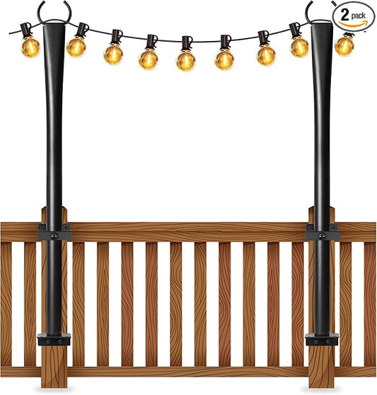 2 Pack String Light Poles for Deck, 5Ft Heavy-Duty Metal Deck Light Poles for Outside with Fixing Clips, Lighting Hanging Post Accessories for Patio Decor Garden Backyard Yard Fence Porch Decorations