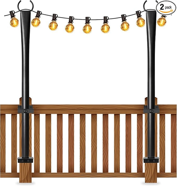 2 Pack String Light Poles for Deck, 5Ft Heavy-Duty Metal Deck Light Poles for Outside with Fixing Clips, Lighting Hanging Post Accessories for Patio Decor Garden Backyard Yard Fence Porch Decorations