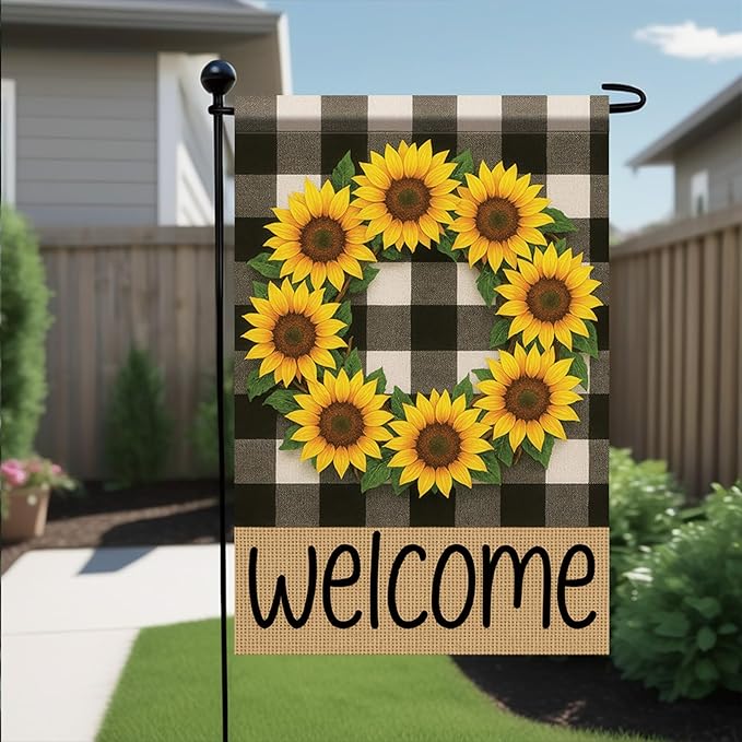 Buffalo Plaid Welcome Wreath Garden Flag Sunflower Flower Flag 12x18 Double Sided Tropical Floral Yard Decor Welcome Sign for Spring Summer Outdoor Porch Patio Lawn Farmhouse