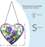 Pansy & Rose Stained Glass Window Hanging, 9.8'' Sun Catcher Glass Panel Floral Wall Art Decor with Chain, Handcrafted Heart - Shaped Glass Gifts for Lovers, Housewarming Gift(Pansy & Rose)