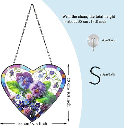 Pansy & Rose Stained Glass Window Hanging, 9.8'' Sun Catcher Glass Panel Floral Wall Art Decor with Chain, Handcrafted Heart - Shaped Glass Gifts for Lovers, Housewarming Gift(Pansy & Rose)
