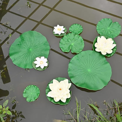Fake Lily Pads, 10 PCS Artificial Lotus with Water Lily Pad, Realistic Water Floating Foam Lotuses Lily Pads, Artificial Floating Lotus Decor with Lily Pad for Home Outdoor Ponds