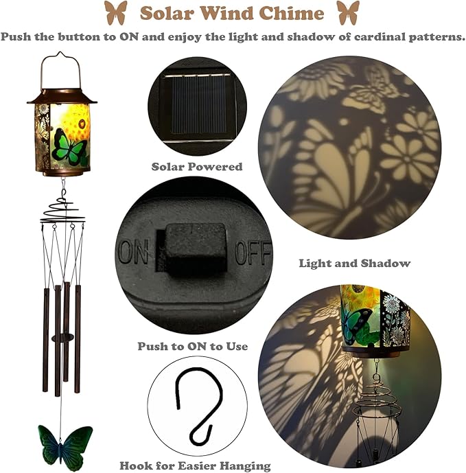 Solar Wind Chimes for Outdoor, Butterfly Garden Decorations Memorial Wind Chimes Deep Tone, Sympathy Windchimes for Outside Garden Décor, Gifts for Mom, Grandma-Butterfly