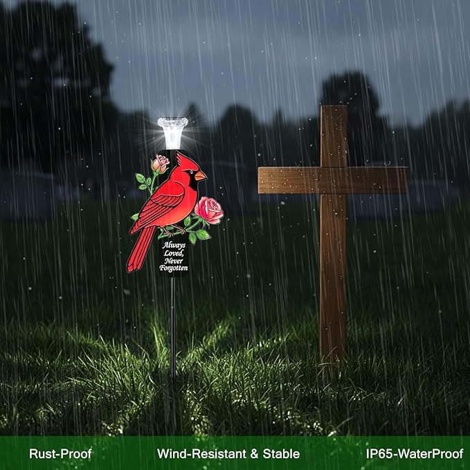Solar Cardinal Memorial Stakes for Graves - Metal Cemetery Decorations with LED Light, Sympathy Gift for Loss of Mother Mom Grandma, Garden Grave Markers (Red Cardinal)